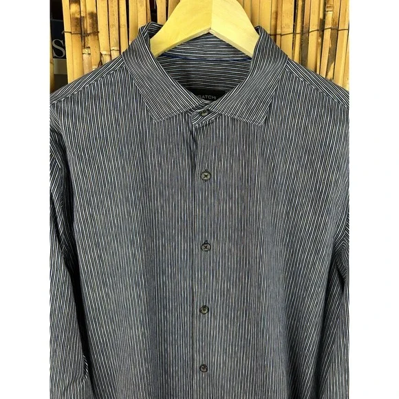 BUGATCHI Ooocotton Tech 8 Way Stretch Long Sleeve Shirt Large‎ Blue Brown Stripe - Picture 2 of 16